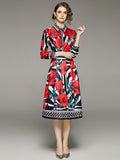 Znbbw Autumn Fashion Runway Shirt Dress Women's Long Sleeve Lapel Elegant Stripe Red Flower Print OL Midi Dress with Belt