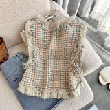 znbbw Tweed Vest Slim Crop Tops Autumn Colete Feminino V Neck Knitted Plaid Vest Sweater French Waistcoat Ruffled Blouse