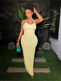 znbbw Summer Sexy Solid Popcorn Long Dresses Club Outfit For Women 2023 Sleeveless Halter Slim Fit Maxi Dress Casual Dress