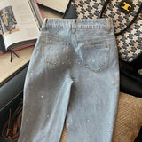 znbbw Women Summer Wide Leg Denim Pants Blue High Waist Diamonds Straight Loose Trouser High Street Fashion Jeans Mujer Harajuku Tide