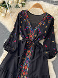 Znbbw Summer Ethnic Style Waist Slim Embroidery V-neck Dress Female Black Seaside Holiday Bohemian Vestidos Women D1491