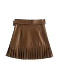 Znbbw ZBZA Women 2023 Pu Leather Mini Skirt with Belt Women High Waist Pleated Skirts womens Casual Streetwear Party 202309