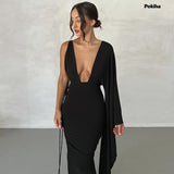 znbbw Elegant Bandage Lace Up Maxi Dress V-Neck Backless Raglan Sleeve Fashion Ladies Gown Ruched Dresses Party Club Prom 2023