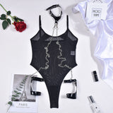 Znbbw Bondage Bodysuit Lingerie Bdsm Transparent Porn Lace Body One-Pieces With Halter Leather Chain Sexy Mesh Tights Top