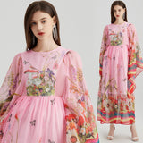 Znbbw Summer Sicily Pink Long Flowy Dress Women Runway Elegant Flare Sleeve High Street Animal Stripe Print Party Vestidos