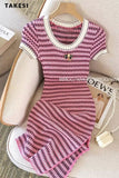 znbbw Women Short Sleeve Round Neck Striped Luxury Sheath Mini Dresses 2023 Summer Patchwork High Waist Slim Fit Knitting Dress