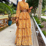 znbbw Women Floral Printed Lantern Long Sleeve Sundress Female Vintage Cake Loose Beach Dress Elegant Cascading Ruffles Cover-Ups