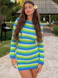 Znbbw Women Long Sleeve Striped Beach Vacation Bodycon Mini Dress Streetwear 2023 Summer Clothes Wholesale Items For Business