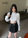 znbbw 2023 Summer Y2K Long Shirt Women White Crop Shirt Korea Style Sexy Button Up Asymmetrical Woman Blouse Female Clothing