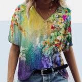 Znbbw 3D Floral Print T-shirts Women Fashion Short Sleeve Loose Tops Casual V-neck High Street Tee Plus Size Top Streetwear