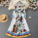 Znbbw Vintage Contrast Color Printed Long Party Dresses for Women 2023 Runway Elegant Turn Down Neck Long Sleeve Pleated Dress