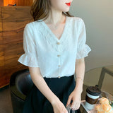 Znbbw Shipping Blouses Women Short Sleeve White Lace V-Neck Chiffon Blouse Shirt Tops Women Blusas Mujer De Moda 2023 Verano F482