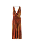 Znbbw TRAF Fashion Vintage Print Slim Dresses Women Elegant Folds V-Neck Sleeveless Summer Backless Midi Dress