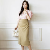 Znbbw Women's Office Formal OL Straight Skirts Elegant Folds Split High Waist Package Hips Midi Skirts Women Casual Slim Jupe Femme