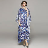 Znbbw Summer Runway Loose Maxi Dress Women's Bawting Sleeve Blue and White Porcelain Flower Print Bohemian Long Robe Female