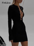 znbbw Spring Sexy Bandage Black Mini Dress For Women Fashion Outfits Party Club Long Sleeve Bodycon Dresses Vestido Knit 2023