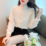 Znbbw Stand Collar Apricot Chiffon Blouse Shirt Women Tops Shirts Blusas Mujer De Moda 2023 Long Sleeve Blouse Women Blusa H16