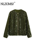 Znbbw TRAF Women Fashion Front Zipper Sequin Bomber Jacket Coat Female Casual O-Neck Long Sleeves With Pockets Loose Chic Top