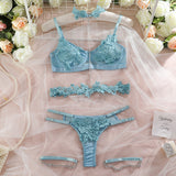 Znbbw Fancy Lingerie Applique Women's Underwear Beautiful Exotic Sets 4-Pieces Lace Intimate Set For Couple With Chain