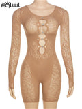 znbbw Summer Solid Hollow Out One Pieces Rompers Club For Women 2023 Long Sleeve See Through Slim Playsuits Elastic Activewear
