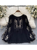 Znbbw Women Spring Summer Blouse French Printed Shirt New Loose Long Sleeve Design Small Retro Lantern Sleeve Embroidery Top D2564