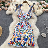 Znbbw Bow Spaghetti Strap Dress Summer Women Blue and White Porcelain Flower Print Ruffles Bodycon Mermaid Vestidos N6693