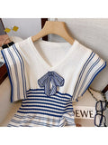 znbbw Elegant V-neck Bow Striped High Waist Slim Mini Dress Women's Spring Sleeveless Contrast Stripe Knitted Female Dress