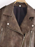 Znbbw TRAF Spring Short Women Slim Bandage Khaki Faux PU Leather Jacket Fashion Lapel Long Sleeve Outerwear Ladies Streetwear