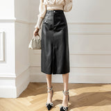 Znbbw Autumn Winter PU Leather Skirts For Women Elegant High Waist Wrap Hip Pencil Skirts Office Lady A-Line Midi Skirts