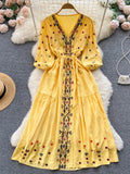 Znbbw Summer Bohemian Dress Retro Ethnic Style Embroidery V-neck Waist A-line Seaside Holiday Swing Long Vestidos Dress G12