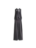 Znbbw TRAF - Solid Women Midi Evening Dress 2023 V Neck Sleeveless Backless Swing Female Halter Beach Sexy Dress
