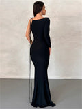 znbbw Fall Sexy Solid Asymmetric Bodycon Maxi Dresses Club Outfit For Women 2023 Black One Sleeve Evening Party Dress Female