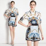 Znbbw Two Piece Shorts Set Women Summer Short Sleeve Vintage Print Blouse Tops and Short Pants Outfits Matching Sets 5034