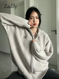 znbbw 2023 Winter Streetwear Long Sleeve Zipper Knit Cardigan Women Letter Appliques Oversize Ladies Sweater Casual Female Coat