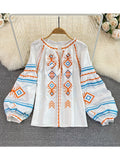 Znbbw Women Spring Autumn Blous Retro Loose Ethnic Style Embroidery Thin Lantern Sleeve Doll Top Female Pullover Shirt D3061