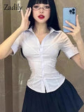 znbbw 2023 Summer Sexy Slim Short Sleeve White Shirt Women Button Tie Ladies Blouse Office Cosplay New In Female Clothing Tops