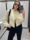 Znbbw Breated Bomber Jacket Coat Women Elegant Long Sleeve Large Pocket Short Coat Spring Ladies Fashion Coats