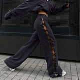 znbbw Sexy Streetwear Summer New Ladies Sport Clothes Casuals Hollow Out Wide Leg Pants Fashion Bandage Split Drawstring