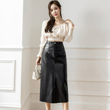 Znbbw Autumn Winter PU Leather Skirts For Women Elegant High Waist Wrap Hip Pencil Skirts Office Lady A-Line Midi Skirts