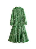 Znbbw TRAF Summer Fashion Green Printed Women Casual Shirt Robe Dress With Belt Wrist Sleeve High Waist Female Midi Dress