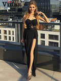 Znbbw Strapless Sweetheart Neck Sexy Lace Bodycon Romper Dresses Women Off Shoulder Elegant Party Split Chiffon Long Dress