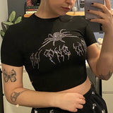 Znbbw Rhinestone Spider Print Crop Top Women Summer Short Sleeve Baby Tee Vintage Grunge Slim T-shirt 90s Aesthetic Gothic T Shirt