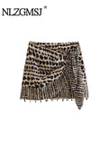 Znbbw TRAF 2023 Women Clothing Retro Beaded Printed High-Waist Sexy Mini Skirt Women
