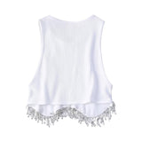 Znbbw Street Sexy Hem Tassel Diamond Beading Knitting T Shirt Chic Short Camis Tank Lady Slim Crop Vest Tops