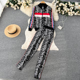 Znbbw Women Stripe Zipper Knitted Cardigans Jacket Sweaters + Pencil Pants Sets Woman Fashion Jumpers Trousers 2 PCS Costumes Outfit