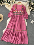 Znbbw ethnic style art loose thin embroidered square neck dress light familiar style short-sleeved A-line Vestidos Women D1543