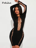 znbbw Sexy Bandage Cut Out Mini Dress Party Night Club Outfits For Women Long Sleeve Bodycon Dresses Vestido Clothes