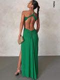 znbbw One Shoulder Strap Backless Maxi Dress For Women Gown Strapless Sleeveless Backless Thigh High Split Sexy Evening Dress