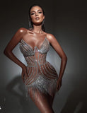 znbbw High Quality Pearls Sparkly Tassels Birthday Dress Women Sexy Club Wear Strapless Party Celebrity Mini Rayon Bandage Dress