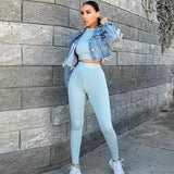 Znbbw 2-Pcs Women's Long Sleeve Sportswear Solid Color Elastic Crop Top Tight-fitting Long Pant Outfit Set